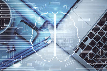 Multi exposure of brain sketch hologram over topview work table background with computer. Concept of...