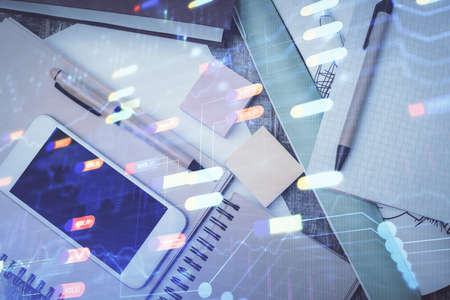 Multi exposure of technology theme drawing over work table desktop. Top view. Global data analysis...