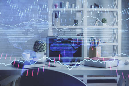 Double exposure of financial graph drawing and office interior background. Concept of stock market.