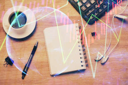 Multi exposure of forex chart drawing and work table top veiw. Concept of financial analysis.