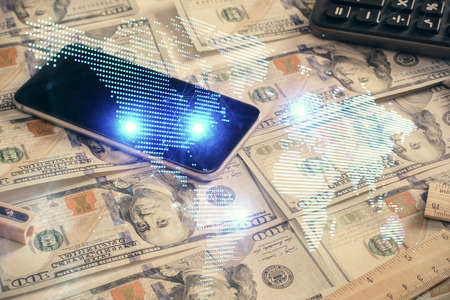 Multi exposure of social network drawing over us dollars bill background. Concept of people connection.の写真素材