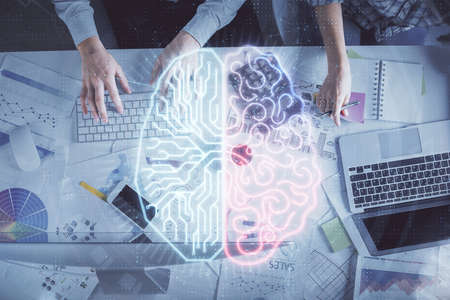 Double exposure of man and woman working together and human brain hologram drawing. Brainstorm...