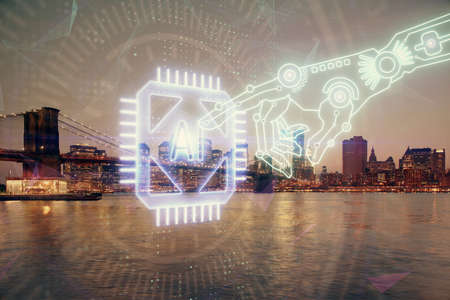 Data theme hologram drawing on city view with skyscrapers background multi exposure. Ai concept.
