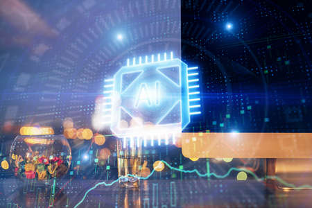 Multi exposure of desktop with computer on background and tech theme drawing. Concept of big data.