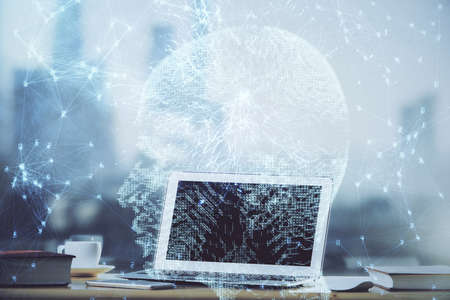 Double exposure of work table with computer and brain sketch hologram. Brainstorming concept.の写真素材