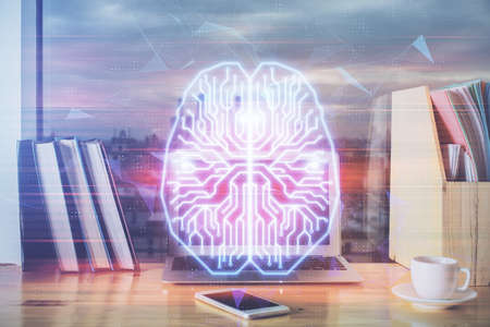 Multi exposure of work table with computer and brain hologram. Brainstorm concept.の写真素材