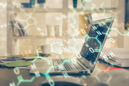 Desktop computer background and formula hologram writing. Double exposure. Education concept.