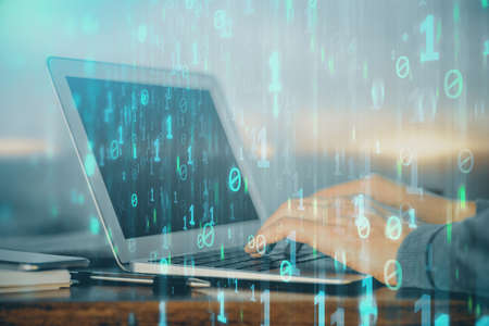A man working on Laptop with technology theme drawing. Concept of big data. Double exposure.