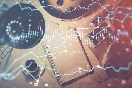 Multi exposure of forex chart drawing and work table top veiw. Concept of financial analysis.の写真素材