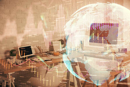 Multi exposure of stock market chart drawing and office interior background. Concept of financial...