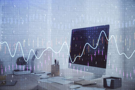 Multi exposure of stock market chart drawing and office interior background. Concept of financial...