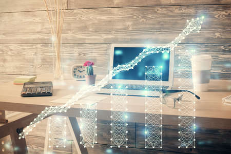 Double exposure of financial graph drawing and office interior background. Concept of stock market.