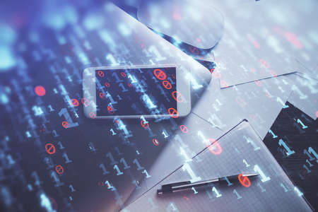 Double exposure of technology theme drawing over work table desktop. Top view. Global data analysis...