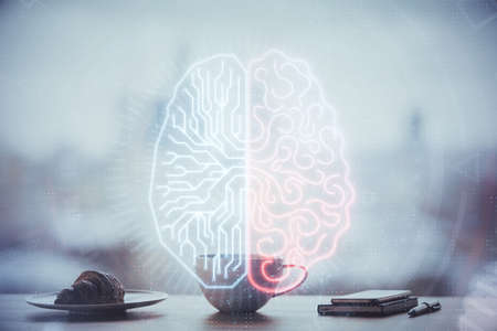 Double exposure of Ai data brain drawing over coffee cup background.