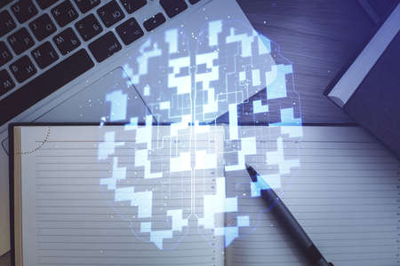 Multi exposure of data theme drawing hologram over topview work desk background with computer....