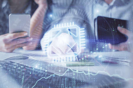 Double exposure of man and woman working together and technology theme drawing hologram. Big data...