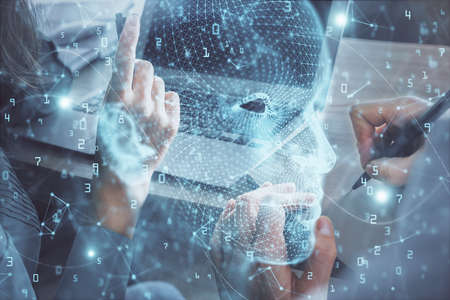 Double exposure of man and woman working together and brain drawing hologram. Intellectual...