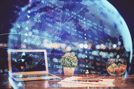 Double exposure of business theme icons and work space with computer background. Concept of success.の写真素材