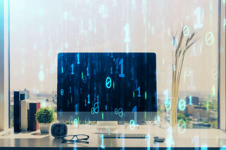 Multi exposure of table with computer on background and data theme drawing. Concept of innovation.
