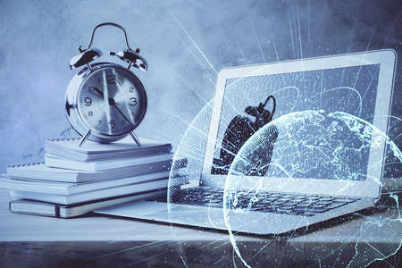 Computer on desktop with social network hologram. Double exposure. Concept of international people...