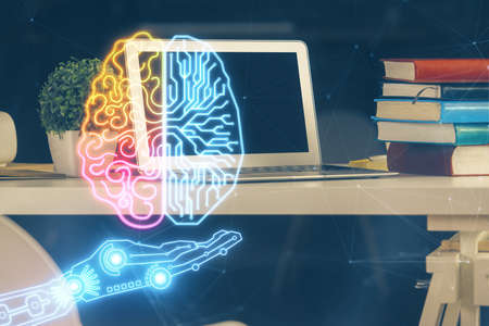 Double exposure of work space with computer and human brain drawing hologram. Brainstorm concept.