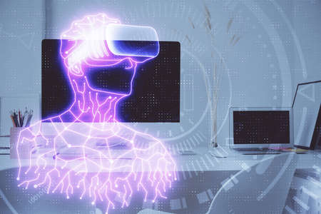 Computer on desktop with AR theme icon. Multi exposure. Concept of augmented reality.