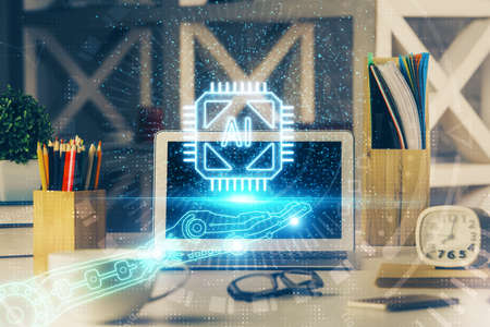 Double exposure of desktop with personal computer on background and tech theme drawing. Concept of...
