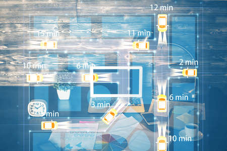 Desktop computer background in office with automobile hologram drawing. Multi exposure. Tech...