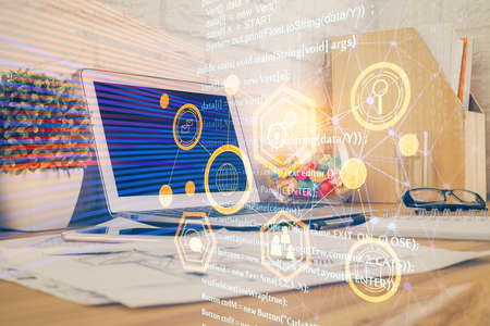 Multi exposure of desktop with personal computer and tech theme drawing. Concept of Bigdata.