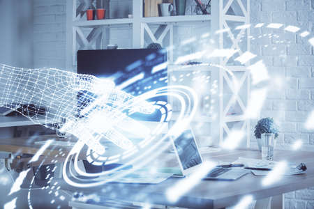 Multi exposure of computer on background and technology theme drawing. Concept of innovation.