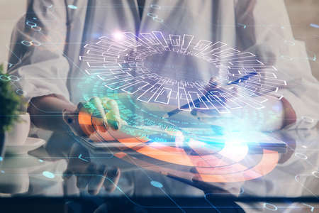 Multi exposure of hands making notes with digital coding icons. Computer learning concept.