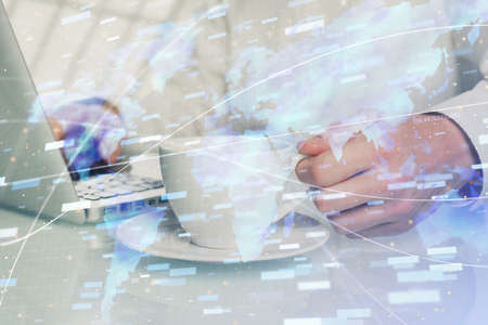 Multi exposure of tech drawings with man working on computer background. Concept of innovation.