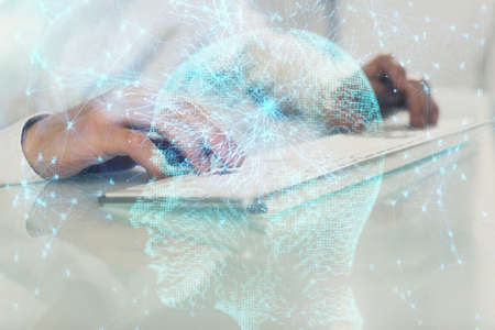 Man with computer background with brain theme hologram. Concept of brainstorm. Double exposure.