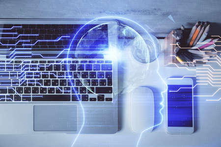 Multi exposure of brain sketch hologram over topview work table background with computer. Concept of...