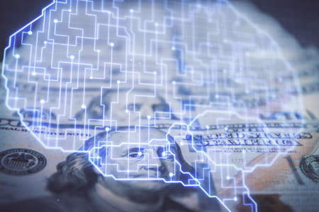 Double exposure of brain drawing over us dollars bill background. Technology concept.