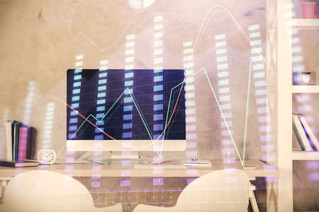 Multi exposure of stock market chart drawing and office interior background. Concept of financial...