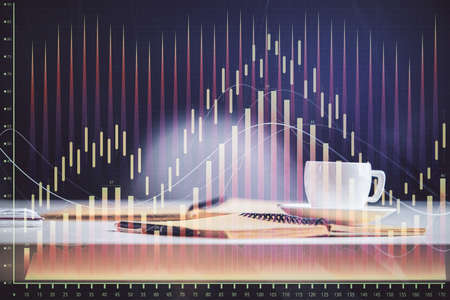 Multi exposure of forex graph drawing and desktop with coffee and items on table background. Concept...