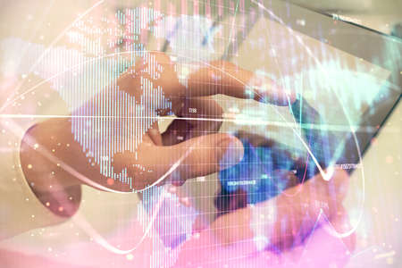Double exposure of man's hands holding and using a phone and international business theme drawing.