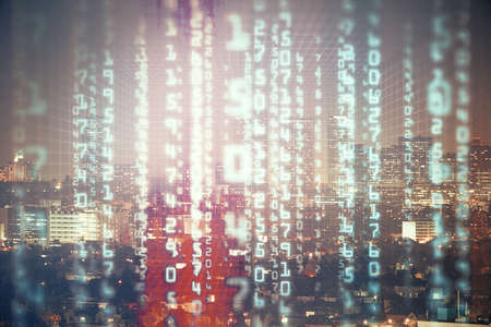 Data theme hologram drawing on city view with skyscrapers background multi exposure. Ai concept.