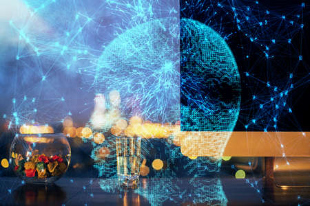 Double exposure of desktop computer and human brain drawing hologram. Ai concept.