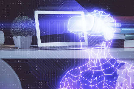 Computer on desktop with AR theme icon. Multi exposure. Concept of augmented reality.