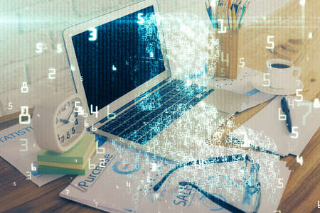 Multi exposure of desktop with computer on background and tech theme drawing. Concept of big data.