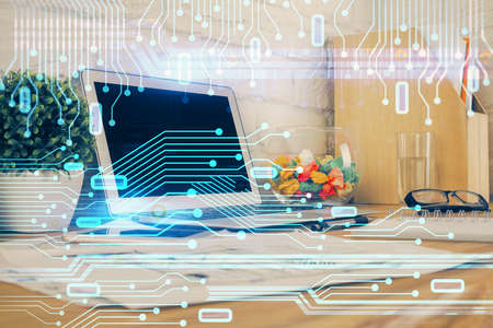 Multi exposure of desktop with personal computer and tech theme drawing. Concept of Bigdata.