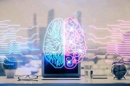 Double exposure of desktop with computer and brain drawing hologram. Artificial intelligence...
