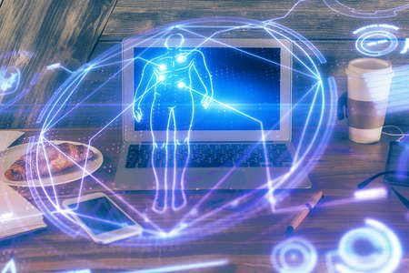 Desktop computer background and education theme drawing. Double exposure. Study concept.の写真素材