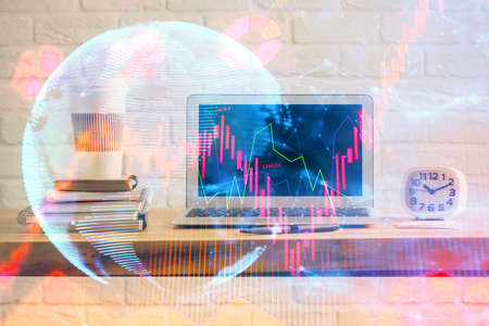 Multi exposure of business theme icons and table with computer background. Concept of success.