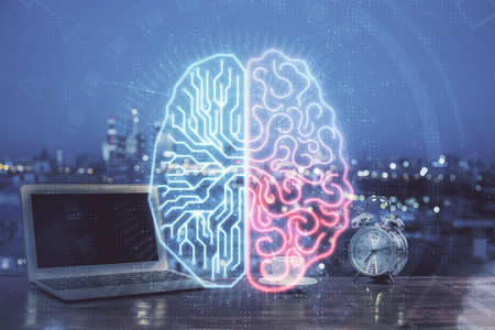 Double exposure of work table with computer and brain sketch hologram. Brainstorming concept.の写真素材