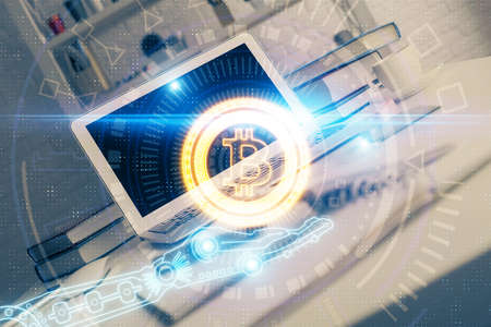 Multi exposure of blockchain theme hologram and table with computer background. Concept of bitcoin...