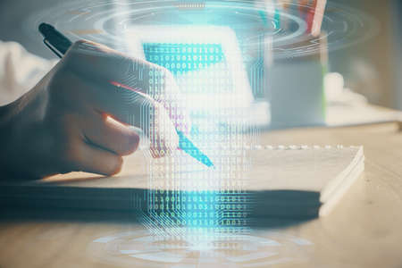 Multi exposure of woman's hands on background with technology and digital coding icons. Data...