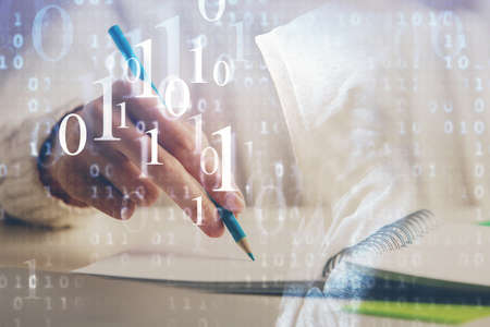 Double exposure of woman's hands on background with technology and digital coding icons. Data...